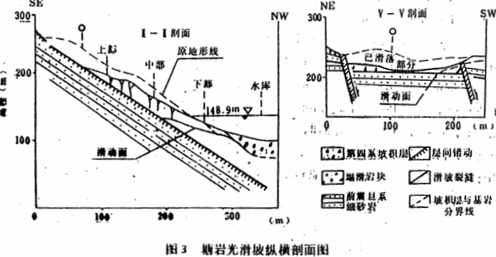 圖1 庫區塘巖光滑坡縱橫斷面圖